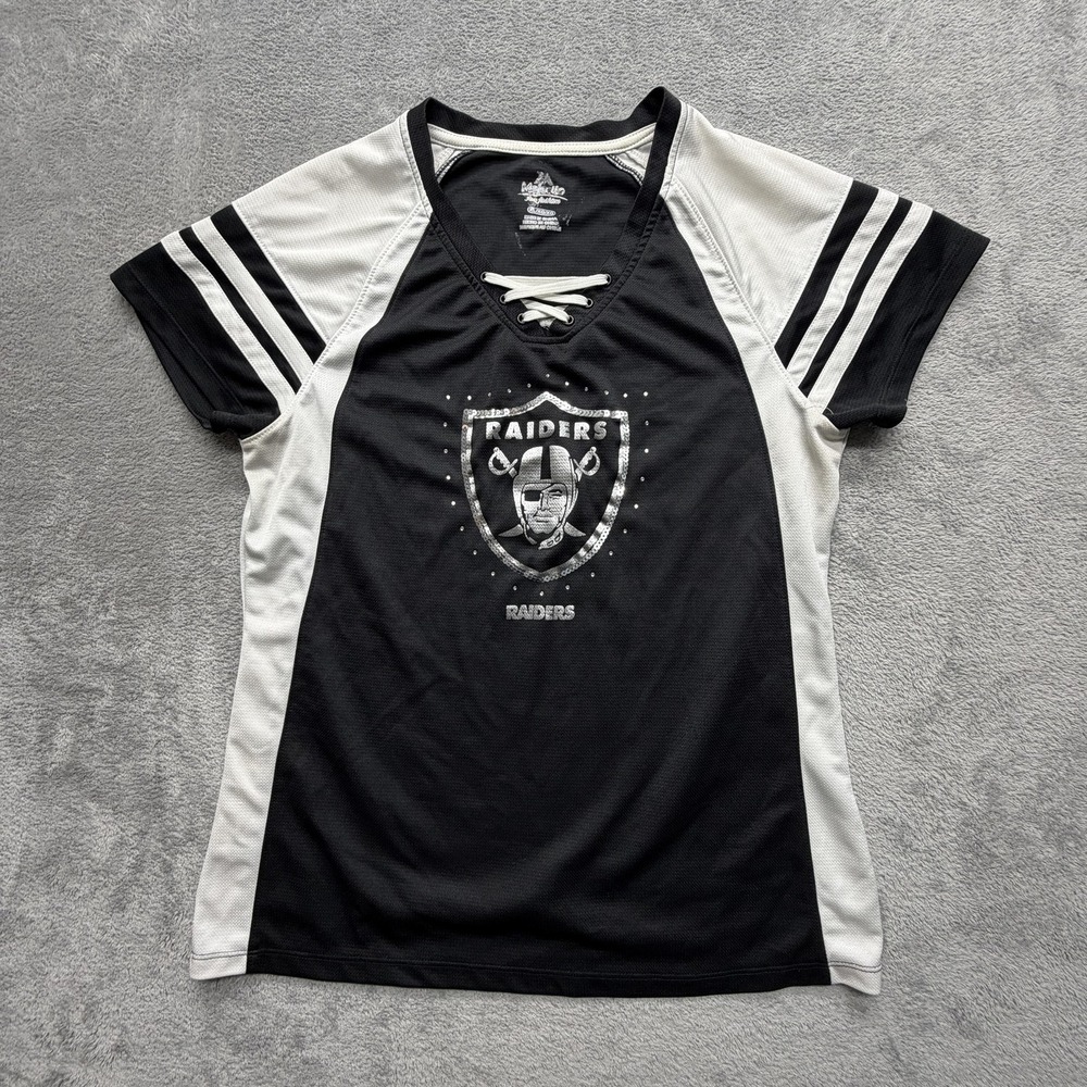Raiders Jersey Womens XL Black NFL Football Lace-Up V-Neck Logo Majestic